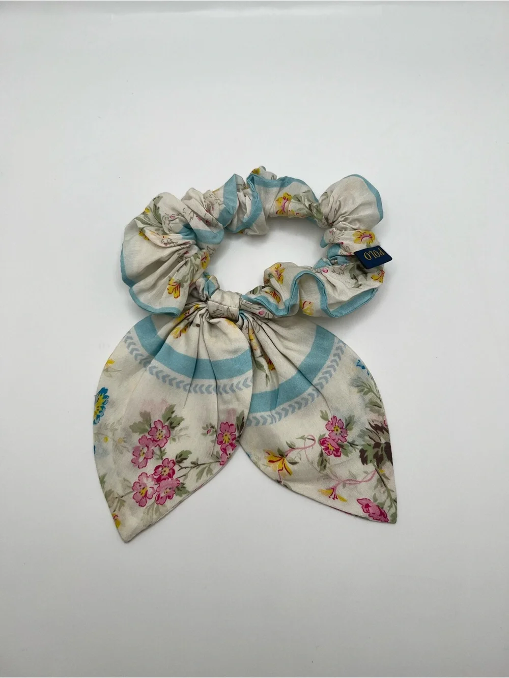 Polo Ralph Lauren Floral Bow Scrunchie in Cream and Blue